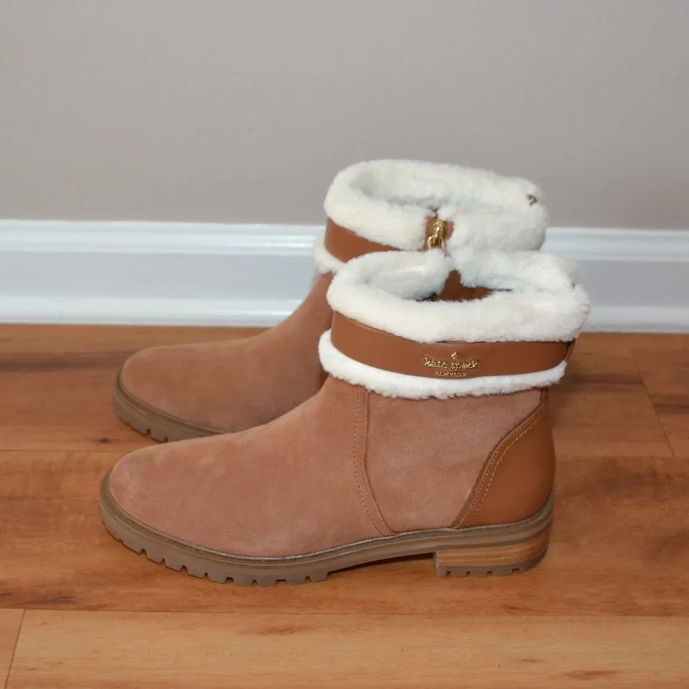 KATE SPADE NEW Bailee Faux Fur Lined Warm Gingerbread suede Ankle Booties 7.5